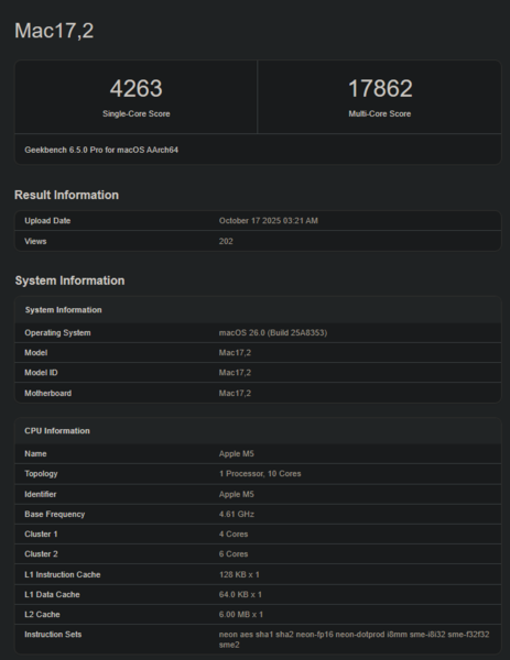 Apple M5 Geekbench pontszám (kép forrása: Geekbench)