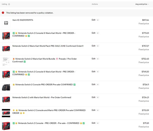 Nintendo Switch 2 eBay előrendelési eladások (Kép forrása: screenshot, eBay)