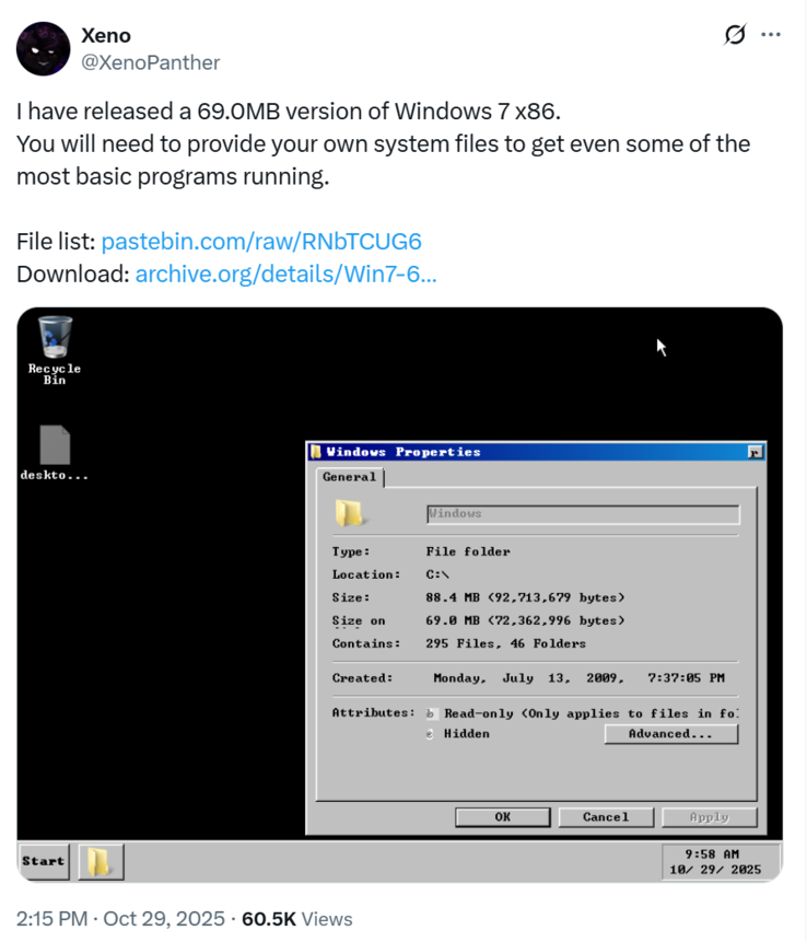 A Windows 7 (a képen) elindul az asztalra a @XenoPanther könnyített buildjében (Kép forrása: @XenoPanther)