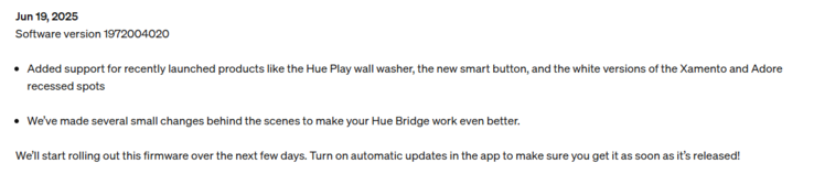 A Philips Hue Bridge szoftver verziójának kiadási megjegyzései 1972004020. (Kép forrása: Philips Hue)