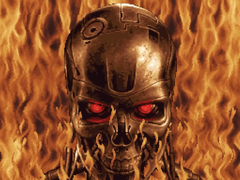 A képen egy screenshot T-1000-ről a lángok hátterében, a Terminator 2D: No Fate traileréből. (Kép forrása: IGN YouTube)