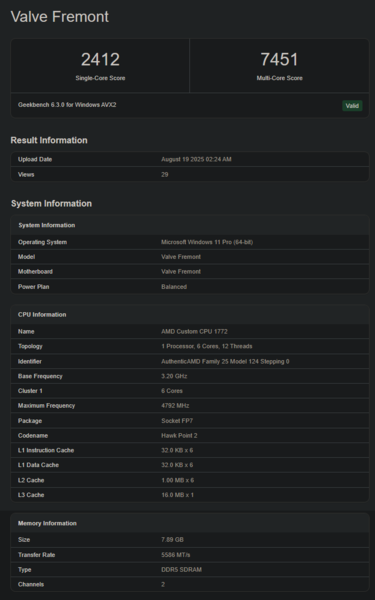 Valve Fremont Geekbench lista (kép forrása: Geekbench)