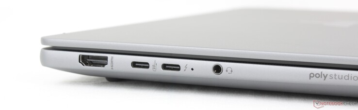 Balra: HDMI 2.1, USB-C (10 Gbps) w/ DisplayPort 2.1 + Power Delivery, USB-C (40 Gbps) Thunderbolt 4 w/ DisplayPort 2.1 + Power Delivery, 3,5 mm-es fejhallgató