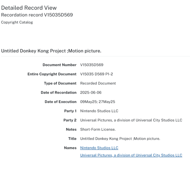 A Nintendo és a Universal Pictures szerzői joga a Donkey Kong filmhez (Kép forrása: U.S. copyright office website)