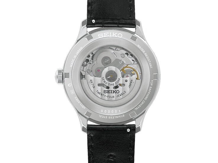 A Seiko Presage Japanese Garden karóra (ref. HCB007) hátsó nézete, amelyen az átlátszó hátlapon keresztül látható az automatikus mechanikus szerkezet.