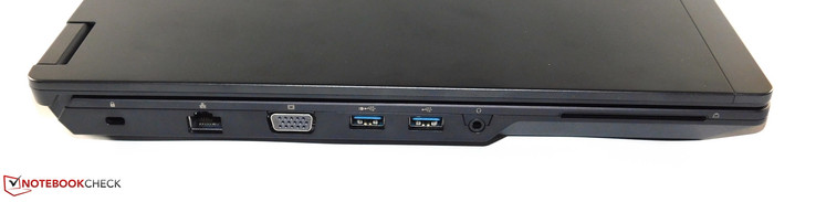 Left: Kensington Lock, VGA, 2x USB 3.0 Type-A, 3,5-mm audio combo, smart-card reader