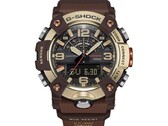 A G-Shock Mudmaster GG-B100XMH-5A közelképe, amelyen jól látható a világos sárgásarany és barna színű tokja és kerete.