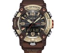 A G-Shock Mudmaster GG-B100XMH-5A közelképe, amelyen jól látható a világos sárgásarany és barna színű tokja és kerete.