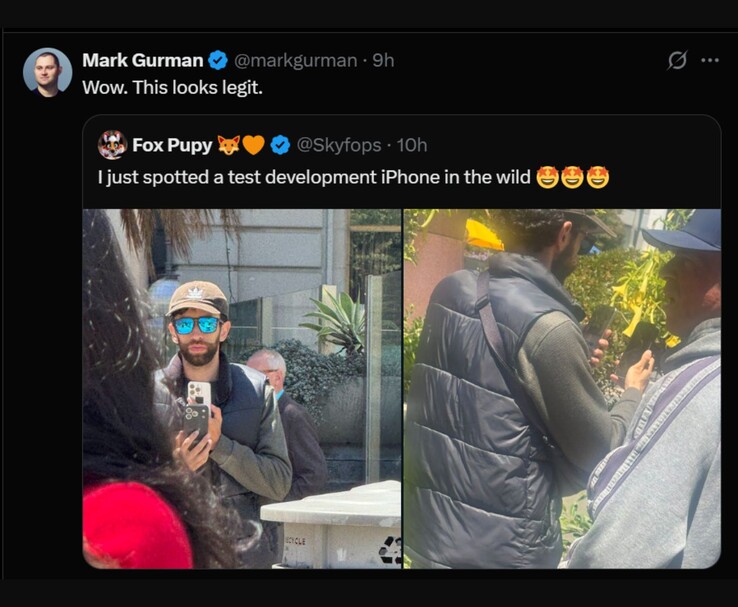 Mark Gurman reagál egy állítólagos iPhone 17 Pro prototípusra, amelyet eredetileg @Skyfops posztolt az X-en (korábban Twitter). A képen egy férfi látható, aki egy egyedi tokkal ellátott tesztkészüléket tart a kezében, miközben egy másik személy látszólag eltakarja a kilátást. (Kép: @Skyfops / @markgurman on X)