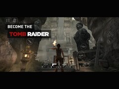 Tomb Raider játékmenet iPhone-on vagy iPaden, Lara Croft felfedezi a templom romjait, a képernyőn látható érintésvezérléssel