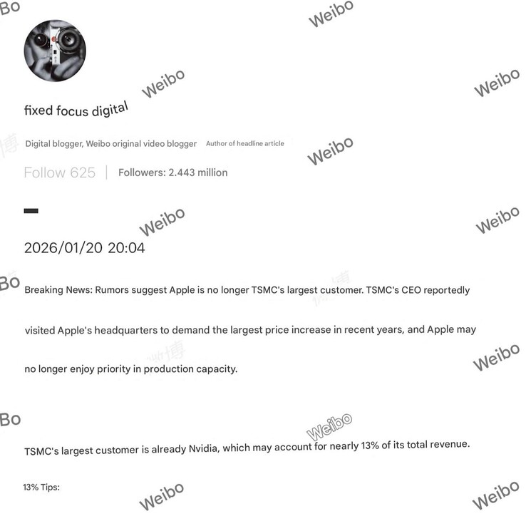 Apple már nem a TSMC legnagyobb ügyfele, és lehet, hogy már nem élvez elsőbbségi hozzáférést. (kép forrása: Fixed Focus Digital a Weibo-n)