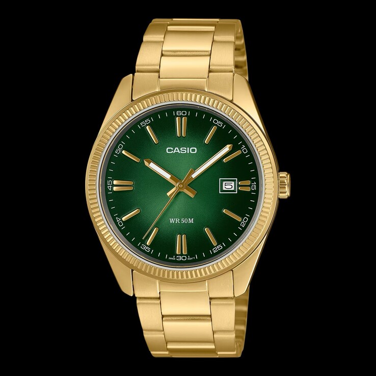 A Casio legújabb, megfizethető MTP-1302PGC-3AV öltönyóra ragyogó zöld számlapját barázdált keret keretezi