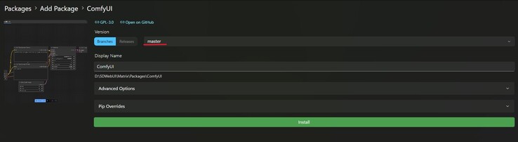 A ComfyUI hub képernyőkép a Stability Matrix telepítéshez, piros színnel kiemelve a build select legördülő menüpontot. (Kép forrása: Windows Screen Capture)