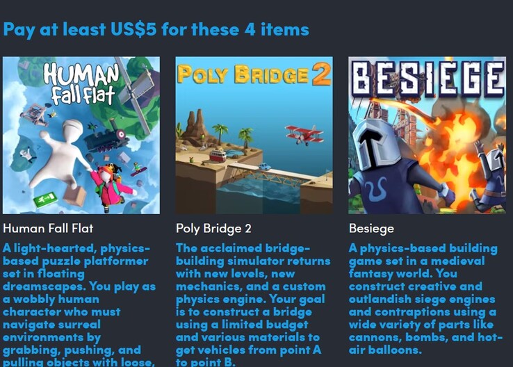 Játékplakátok és leírások. Ha 5 dollárt fizetsz, a 9 játékból 4-et kapsz (Kép forrása: Humble Bundle)