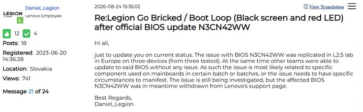 Friss információk a Legion Go BIOS-problémákról.