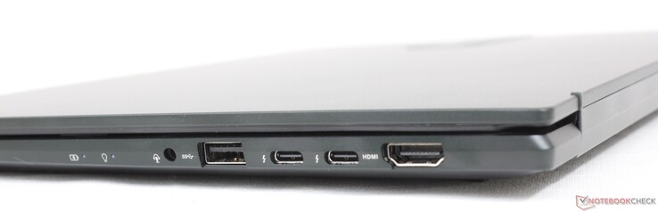 Right: 3.5 mm headset, USB-A 3.2 Gen. 1, 2x USB-C w/ Thunderbolt 4 + DisplayPort + Power Delivery, HDMI 2.0b