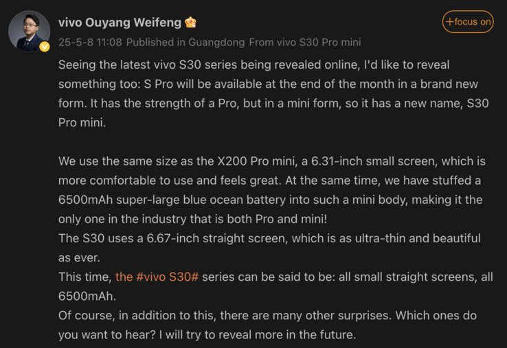 A Vivo S30 sorozat hivatalos adatai. (Kép forrása: Weibo - gépi fordítás)