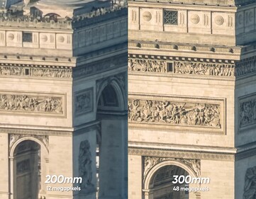 iPhone 17 Pro 12MP 8x érzékelőbe épített zoom (balra) vs. 48MP 12x zoom a 300-600mm-es objektívvel (ez az objektív + 4x/100mm optikai zoom = 300mm).