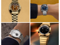 Balról balra fentről balra lentről balra, az óramutató járásával megegyező irányban (a képen), a Q Timex 1972-es Time Machine újrakiadása barna számlapjával, ugyanez az újrakiadás kék számlapjával, a Q Timex 1975-ös Enigma újrakiadása, és a Timex x Peanuts Marlin Automatic. (Kép forrása: Timex - Szerk.)