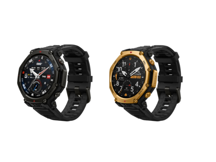 Az Amazfit T-Rex 3 Pro 48 mm-es okosórák Tactical Black (balra) és Black Gold (jobbra) színekben. (Kép forrása: Shopee)