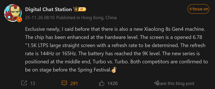 Digital Chat Station osztja többet a Snapdragons 8s Gen 4 OnePlus telefon (Kép forrása: Weibo - gépi fordítás)
