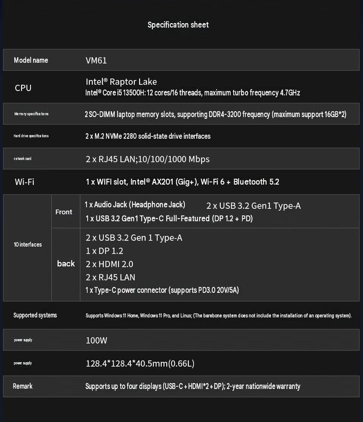 A mini PC teljes műszaki adatai (gépi fordítás)