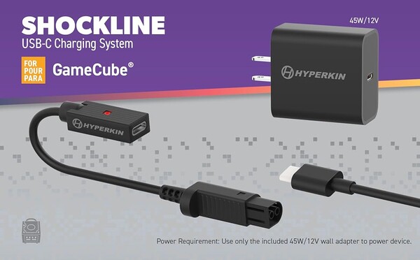 A GameCube-hoz készült Hyperkin Shockline Kit egy 45 W-os USB-C adaptert tartalmaz.