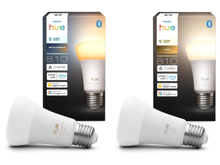 A Philips Hue A60 E27 White ambiance (balra) és White (jobbra) 810 okosizzó. (Kép forrása: Philips Hue)