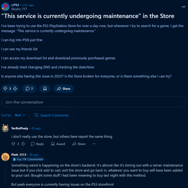 Reddit-poszt a PS3 PlayStation Store leállásáról (Kép forrása: screenshot, PlayStation 3 subreddit)