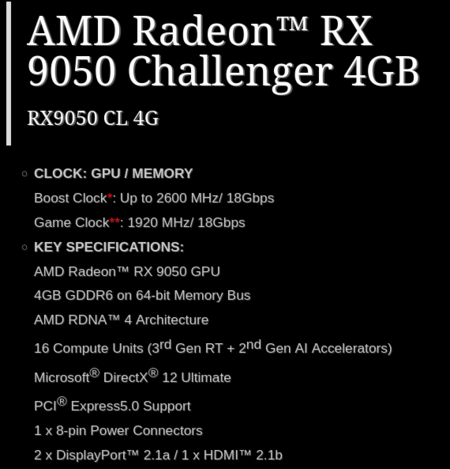 Az RX 9050 Challenger 4 GB műszaki adatlapjának képernyőképe
