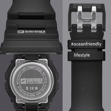 A finom tervezési részletek közé tartozik a Surfrider Foundation Japan logója a rozsdamentes acél tok hátlapján és a #oceanfriendlylifestyle felirat a szalaghurokon.