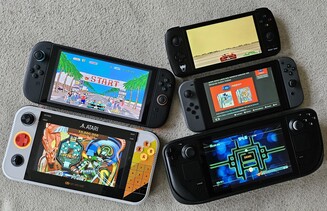 A Gamestation Go méretben összehasonlítva a Switch 2-vel, az Ayn Odinnal, a Switch 1-gyel és a Steam Deckkel (balról fentről jobbra, kép forrása: Marc Zander, Notebookcheck)