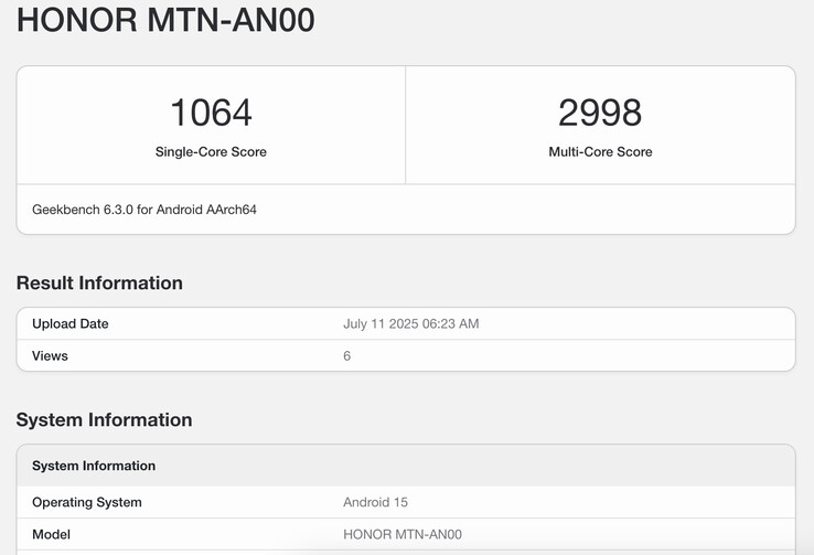 A Honor X70 Geekbench 6 listája nem meglepő teljesítménypotenciált mutat. (Kép forrása: Geekbench)