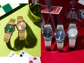 A Casio MTP-B146 kollekcióját bemutató promóciós kép, amelyen ezüst és arany színű rozsdamentes acél órák láthatók fekete, világoskék, zöld és pezsgőszínű számlappal, mindegyiken ívelt napjelzővel a 12 órás pozícióban.