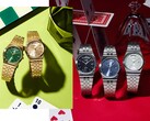 A Casio MTP-B146 kollekcióját bemutató promóciós kép, amelyen ezüst és arany színű rozsdamentes acél órák láthatók fekete, világoskék, zöld és pezsgőszínű számlappal, mindegyiken ívelt napjelzővel a 12 órás pozícióban.