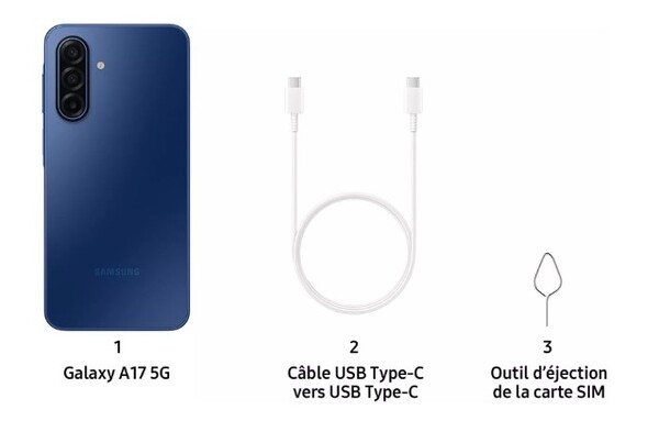 A Galaxy A17 5G csak USB-C kábellel és SIM-kivetővel érkezik. (Kép forrása: Samsung)