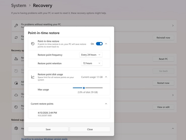 A Microsoft „Point-in-time Restore” felülete.