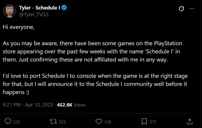 Schedule 1 developer on console port X post (Kép forrása: screenshot, Tyler_TVGS X account)