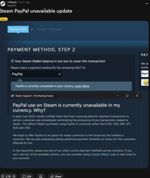 A Steam ügyfélszolgálat üzenete a PayPal használatáról a fizetés során (Kép forrása: képernyőkép, Steam subreddit)