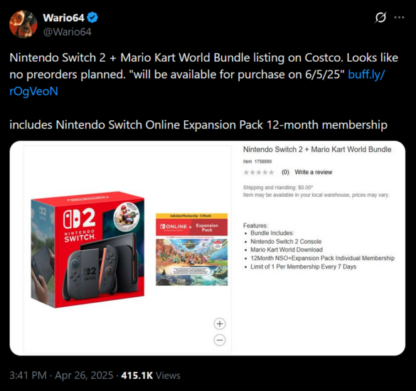 Wario64 Costco Switch 2 Bundle X post (Kép forrása: screenshot, Wario64 X account)