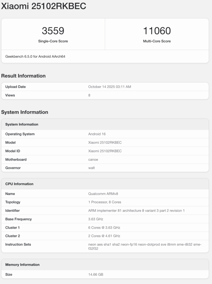 A Redmi K90 Pro Geekbench listája. (Kép forrása: Geekbench)