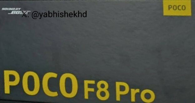 Kiszivárgott Poco F8 Pro doboz (Kép forrása: Abhishek Yadav az X-en)