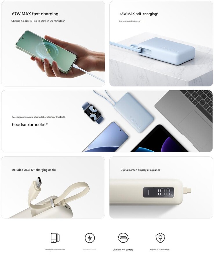 Az új Xiaomi 10000 67 W-os power bank főbb jellemzői (Kép forrása: Xiaomi - gépi fordítás)