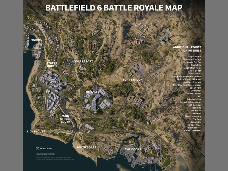 Állítólagos Battlefield 6 battle-royale térkép helyszínekkel és érdekességekkel. (Kép forrása: Battlefield subreddit, via temporyal)