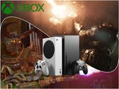 A hamarosan megjelenő Xbox-exkluzív játékok: a Gears of War: E-Day és a Clockwork Revolution az Xbox Series konzolokkal és logóval.