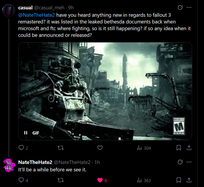 NateTheHate X posztja a Fallout 3 remasterről (Kép forrása: screenshot, NateTheHate2 X account)