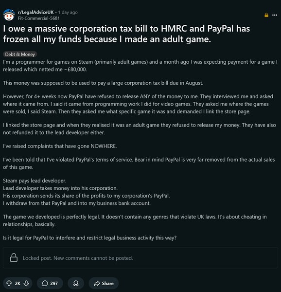 PayPal vita felnőtt játékprogramozóval Reddit poszt (Kép forrása: screenshot, Legal Advice UK subreddit)