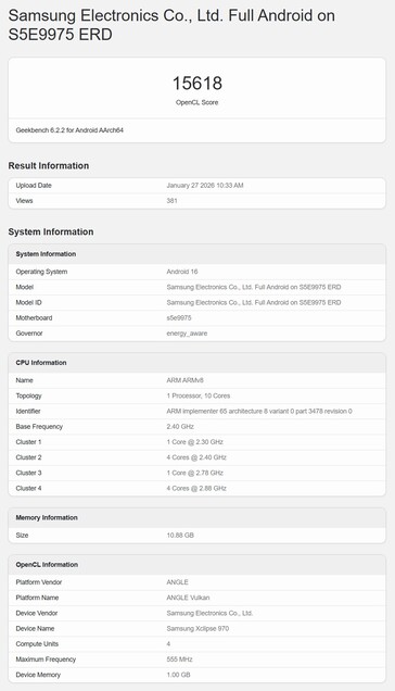 Egy feltételezett Exynos 2700 teszt a Geekbench OpenCL tesztjében.