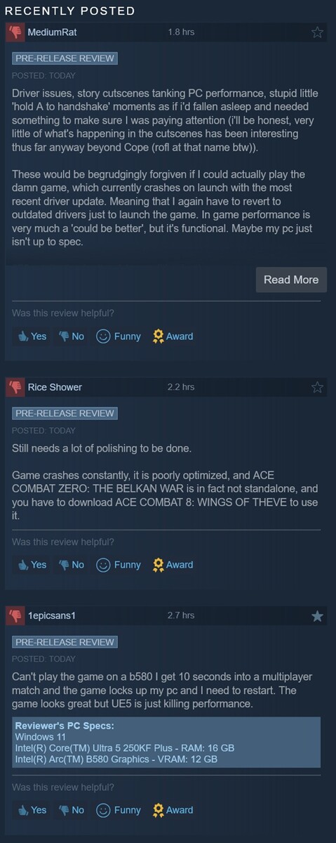Láthatók az Ace Combat 8: Wings of Theve negatív Steam-értékelései