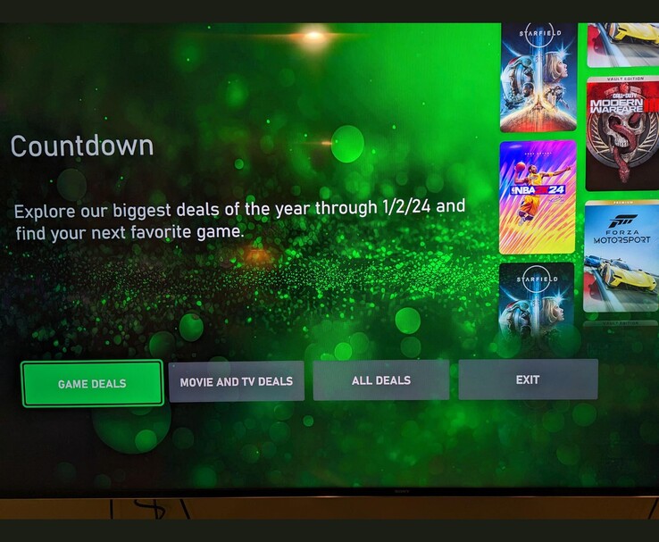 Az Xbox Series műszerfala mutatja a visszaszámlálási promóciót a Starfield, az NBA 2K24 és egyéb kedvezményekkel. (Kép forrása: Reddit/u/tapo via r/XboxSeriesX)